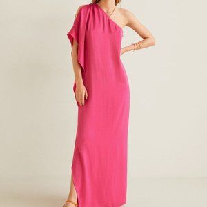 Mango One Shoulder/Asymmetrical Long Satin Dress in Hot Pink